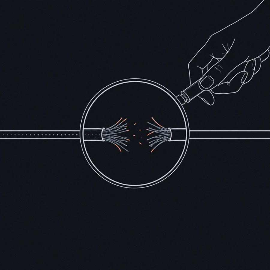 Illustration : une loupe révèle l'endroit précis où un câble est coupé et où le signal se perd.