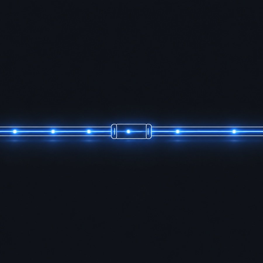 Illustration : le câble réparé, traversé de bout en bout par des impulsions de lumière bleue.