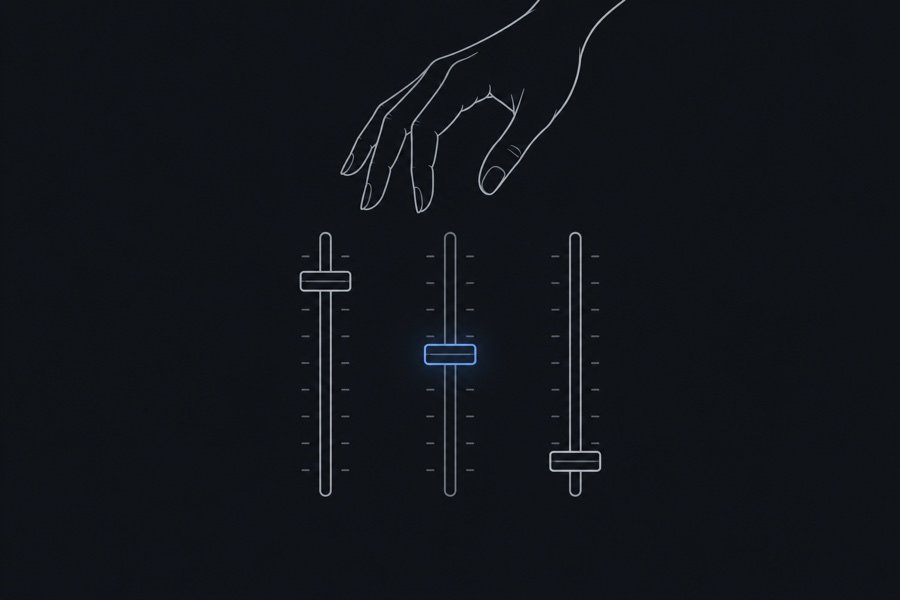 Illustration : une main hésite au-dessus de trois curseurs de réglage, celui du milieu en bleu.