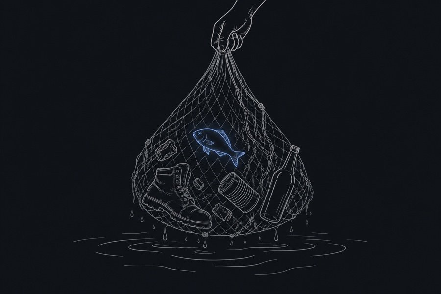 Illustration : un filet sorti de l'eau, plein de botte, canette et bouteille, avec un seul poisson en bleu.